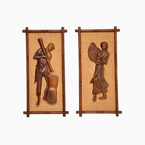 Decorative Carved Walnut Reliefs Wall Art, 1960s, Set of 2