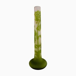 Large Vase in Frosted and Green Art Glass with Motifs of Foliage by Emile Gallé