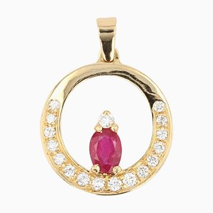 French Modern Ruby and Diamonds Pendant and Chain in 18 Karat Yellow Gold