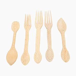 Set of Traditional Hand-Carved Forks and Spoons, 1950s, Set of 5