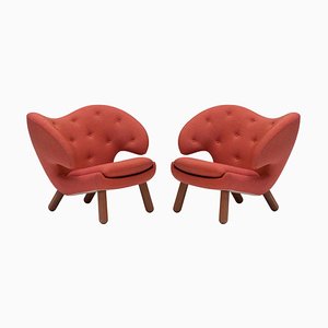 Pelican Chairs Upholstered in Red Kvadrat Remix Fabric by Finn Juhl, Set of 2