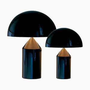 Lámparas de mesa Atollo grandes y medianas en negro de Vico Magistretti para Oluce. Juego de 2