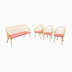 Banc et Chaises Mid-Century en Hêtre, 1950s, Set de 4