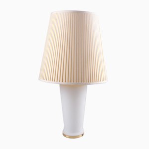 White Glass Table Lamp with a Pleated Fabric Shade, 1970s