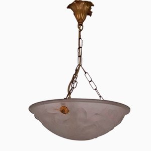 French Art Deco Ceiling Lamp with Brass Mount & Domed Glass Bowl with Floral Motif, 1930s