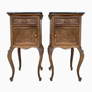 Louis XV Style Walnut Nightstands with Marble Top, 1930s, Set of 2