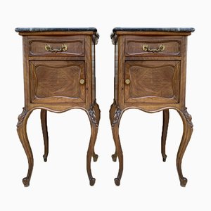 Louis XV Style Walnut Nightstands with Marble Top, 1930s, Set of 2