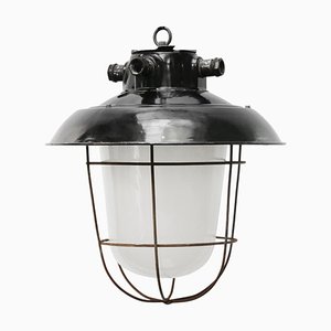 Lampada a sospensione vintage industriale in vetro satinato