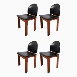 Italian Black Leather and Solid Wood Chairs, 1970s, Set of 4