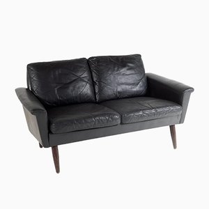 Small Danish Two Seater Black Leather Sofa, 1960s