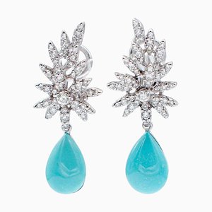 Boucles d'Oreilles Turquoise, Diamants et Or Blanc 18 Carat, Set de 2