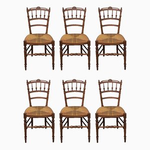 French Dining Chairs with Rush Seats and Baluster Backs, Late 19th Century, Set of 6