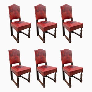 Mid-Century Spanish Dining Chairs in Aniline Red Leather with Studs, Set of 6