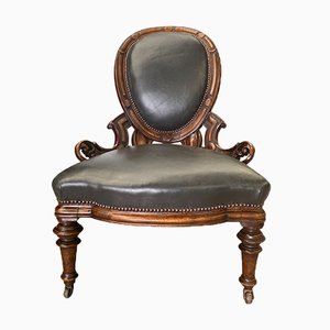Antique Victorian Grey Leather & Walnut Library Chair with Carved Motifs, Brass Studs & Ceramic Castors, 1870s