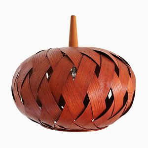 Organic Modernist Natural Teak Wood Veneer and Wicker Pendant Lamp, 1960s