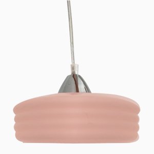Small Art Deco Pink Ribbed Opaline Glass Pendant Lamp, 1950s