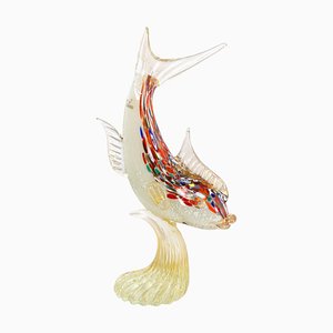 Espectacular escultura de pez de una sola pieza sobre una base de cristal de Murano, años 90