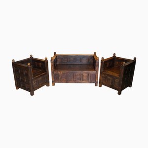 Antique Oak and Iron Bound Hall Seats, 1880s, Set of 3