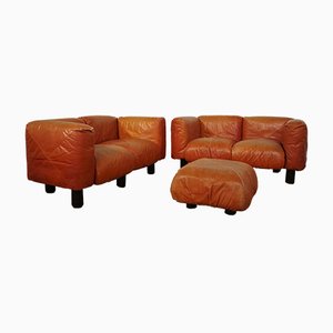 Sofas and Poufs in Orange Leather Marius & Marius by Mario Marenco for Arflex, 1970s, Set of 3