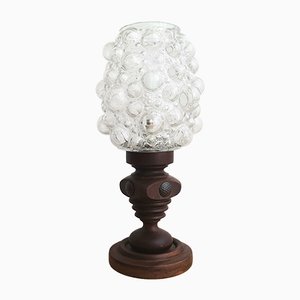 French Country Clear Bubble Glass and Solid Carved Wood Table Lamp, 1960s