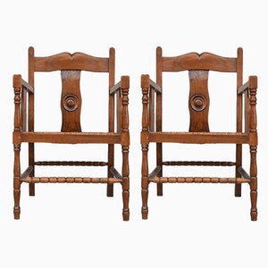 French Mid-Century Rush Oak Armchairs, Set of 2