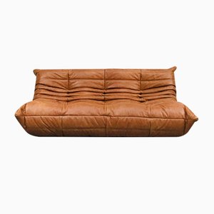 Vintage French Cognac Leather Sofa by Michel Ducaroy for Ligne Roset