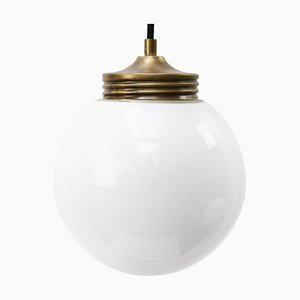Vintage White Opaline Glass and Brass Pendant Light