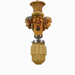 Handgeschnitzte Hängelampe aus Holz und Glas im Art Deco Stil