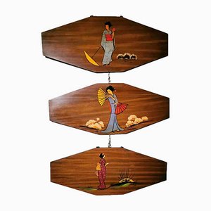 Pannelli decorativi in teak con figure di kimono, set di 3