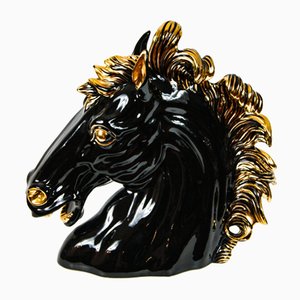 Italian Ceramic Horse Head Sculpture Gold and Black 1990s
