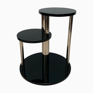 Art Deco Style Round Side Table, Black Lacquer, Wood and Chromed Steel