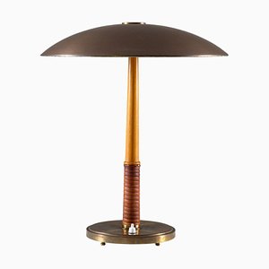 Swedish Mid-Century Table Lamp in Mahogany and Leather from Böhlmarks
