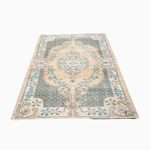 Tapis Oushak Vintage Fait Main en Laine Verte et Orange Délavée