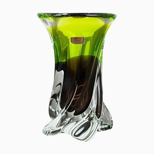 Large Green & Brown Hand Blown Crystal Glass Vase from Joska, Germany, 1970s
