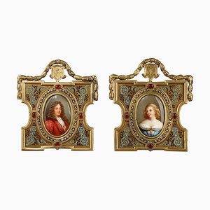 Portraits en Porcelaine dans un Cadre en Bronze Doré par A. Giroux, 19ème Siècle, Set de 2