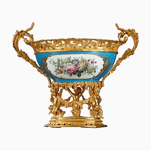 Large Pedestal Bowl in Porcelain and Gilt Bronze, 19th Century