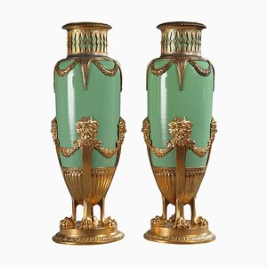 Late 19th Century Green Jade and Gilt Brass Vases, Set of 2