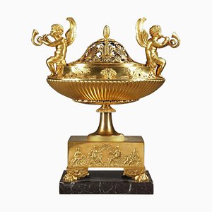 Bruciaprofumo centrotavola Impero francese in bronzo dorato e marmo