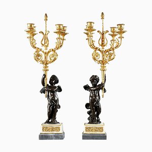 Mid-19th Century Bronze and Marble Candelabra, Set of 2