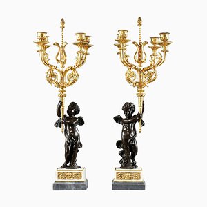 Mid-Century Kerzenständer aus Bronze & Marmor, 2er Set