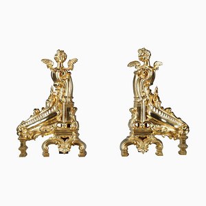 Rocaille-Style Ormolu Bronze Fireplace Andirons, Set of 2