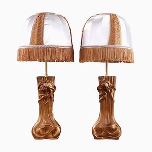 Art Nouveau Mounted Lamps with Nymphs, Set of 2