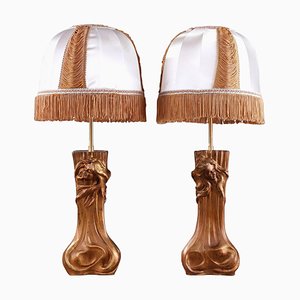 Lampes Montées Art Nouveau avec Nymphes, Set de 2
