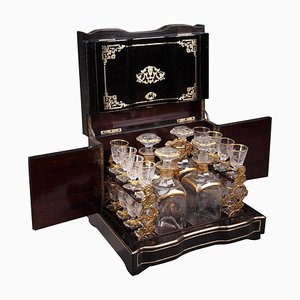 19th Century Napoleon III Liquor Cellar in Ebony with Brass Inlay, Set of 21