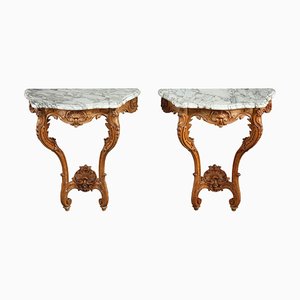 Tables Console de Style Louis XV avec Plateaux en Marbre, Set de 2