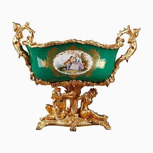 Jardinière Napoléon III en Bronze Doré et Porcelaine à Fond Vert