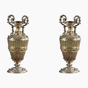19th-Century Austro-Hungarian Vases in Silver Gilt with Gemstones, Set of 2