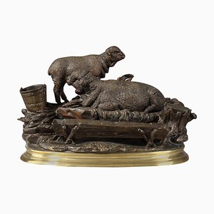 Encrier Sculpture Les Moutons à L'Abreuvoir en Bronze par Jules Moigniez