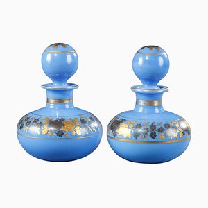 Flacons à Parfum en Opaline Bleue avec Décoration Desvignes, Set de 2