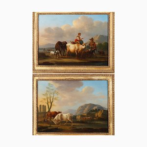 Dieboldt, Paesaggi con mucche, Olio su tavola, set di 2, Con cornice